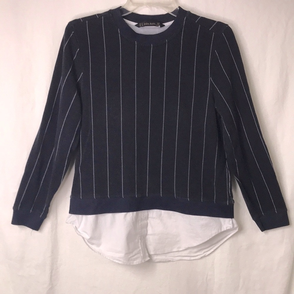 ZARA Basic Women’s Pullover Top Shirttail hem Navy Blue Pin Stripe Size M